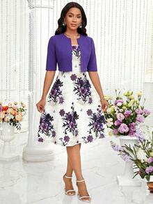 Conjunto de 2 piezas de vestido y chaqueta elegante con estampado para mujer - Multicolor - Ver 5