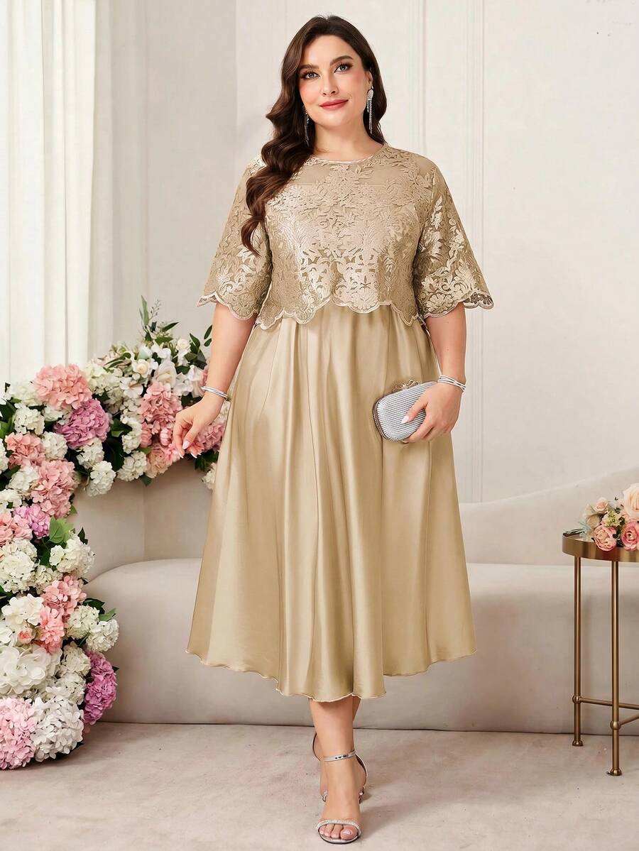 Reflora Plus Size Elegant Lace Patchwork Party Dress - Champagne - View 1