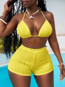 Slaydiva 2pcs Swimwear Set, Tie Strap Triangle Bikini Top And Shorts, Fashion Beach Swimwear - Yellow - View 4