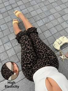 Muchica Plus Size Women Leopard Print Ruffle Hem 7/8 Leggings - Multicolor - View 1