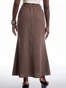SHEIN EZwear 大尺碼女款春夏休閒傳統度假風巧克力棕色亞麻魚尾長裙，抽繩腰頭，魚尾裙，適合徒步 - 棕色 - 查看 2