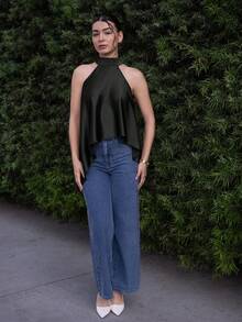 Andrea Bello Vestido maxi suelto de satén verde oliva con cuello halter y espalda descubierta, top sexy línea A negro para verano - Negro - Ver 1
