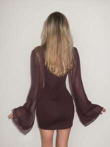 Sydney Algeri Mini Bodycon Dress With Stand Collar Cape, Solid Color Elegant - Brown - View 2