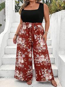SHEIN CURVE+ Bộ jumpsuit thời trang tối giản dành cho người có vóc dáng ngoại cỡ, thích hợp mặc hàng ngày, phong cách boho hoặc đi nghỉ mát. - màu nâu - Xem 5