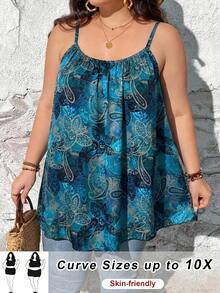 SHEIN CURVE+ Blusa de tirantes finos con pliegues y estampado de paisley para mujer talla grande, ideal para vacaciones y estilo bohemio - Verde Oscuro - Ver 5