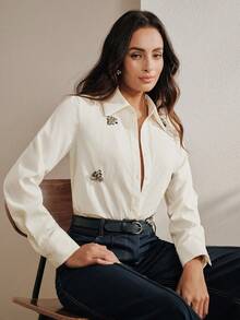 Anewsta Elegant French Style Rhinestone Decor White Blouse, Draping Versatile Chic Top - Apricot - View 6