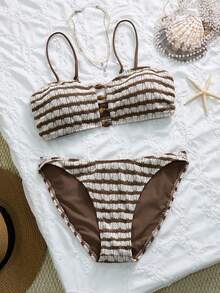 Swim Chiccia 欧美新款夏季性感条纹撞色串珠露背比基尼泳装套装 - 彩色 - 查看 3