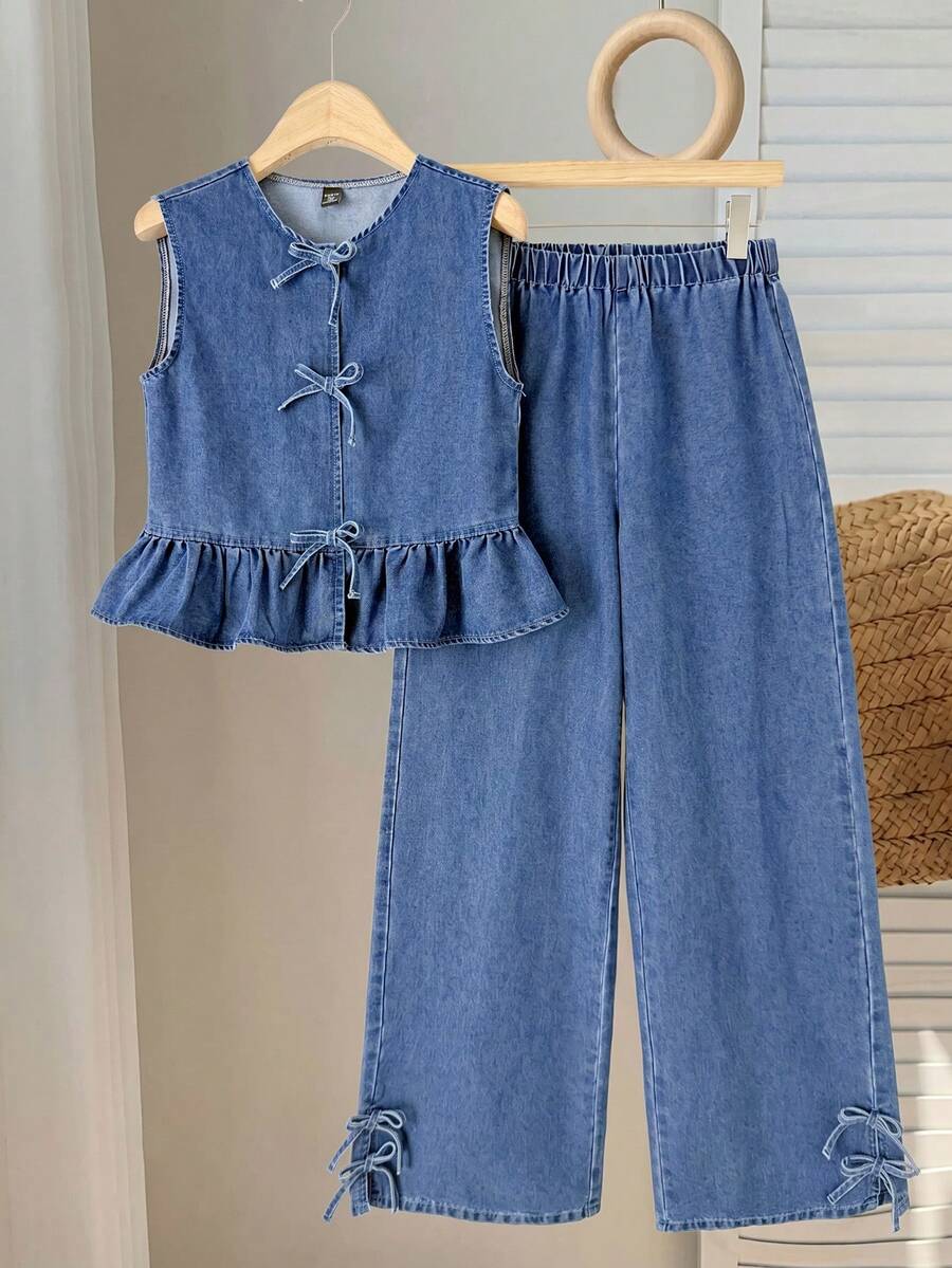 SHEIN Bộ 2 món cho nam thiếu niên Y2K: Áo sát nách cổ thuyền dáng rộng denim xanh đậm và quần jean cạp chun - Màu xanh lam - Xem 1