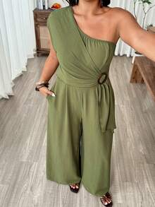 Weeklong Macacão Folgado e Confortável Plus Size com Cintura Marcada, Adequado para Passeios e Férias - Verde Militar - Visão 6