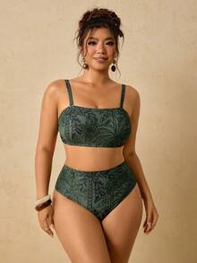 Conjunto de traje de baño estampado para mujer de talla grande, parte superior de traje de baño con lazo en el escote tipo bandeau - Verde Oscuro - Ver 7