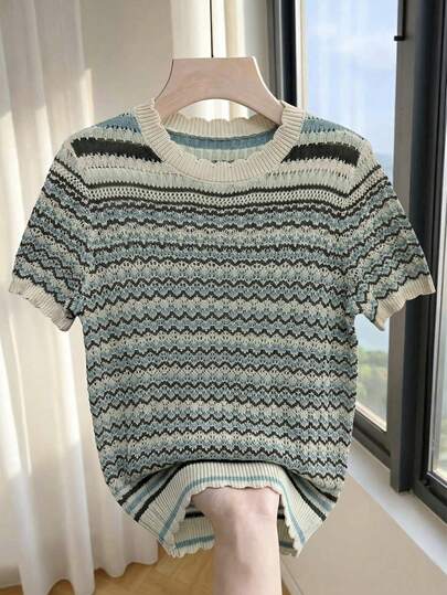 Franclia Women's Striped Short Sleeve Hollow-Out Knit Top