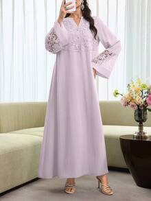 Al Najma V-Neck Flare Sleeve Patchwork 3D Embroidered Floral Trim Robe, Spring/Summer - Mauve Purple - View 5