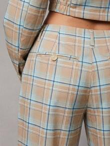 Hauture Retro Plaid Pocket Decor Straight Leg Pants - Blue - View 2