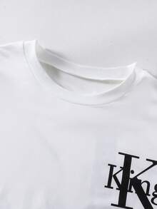 SHEIN 2pcs/Set Teenage Boys' Summer Casual Outdoor Letter Print Round Neck Short Sleeve T-Shirt And Sports Running Shorts - Black and White - View 3