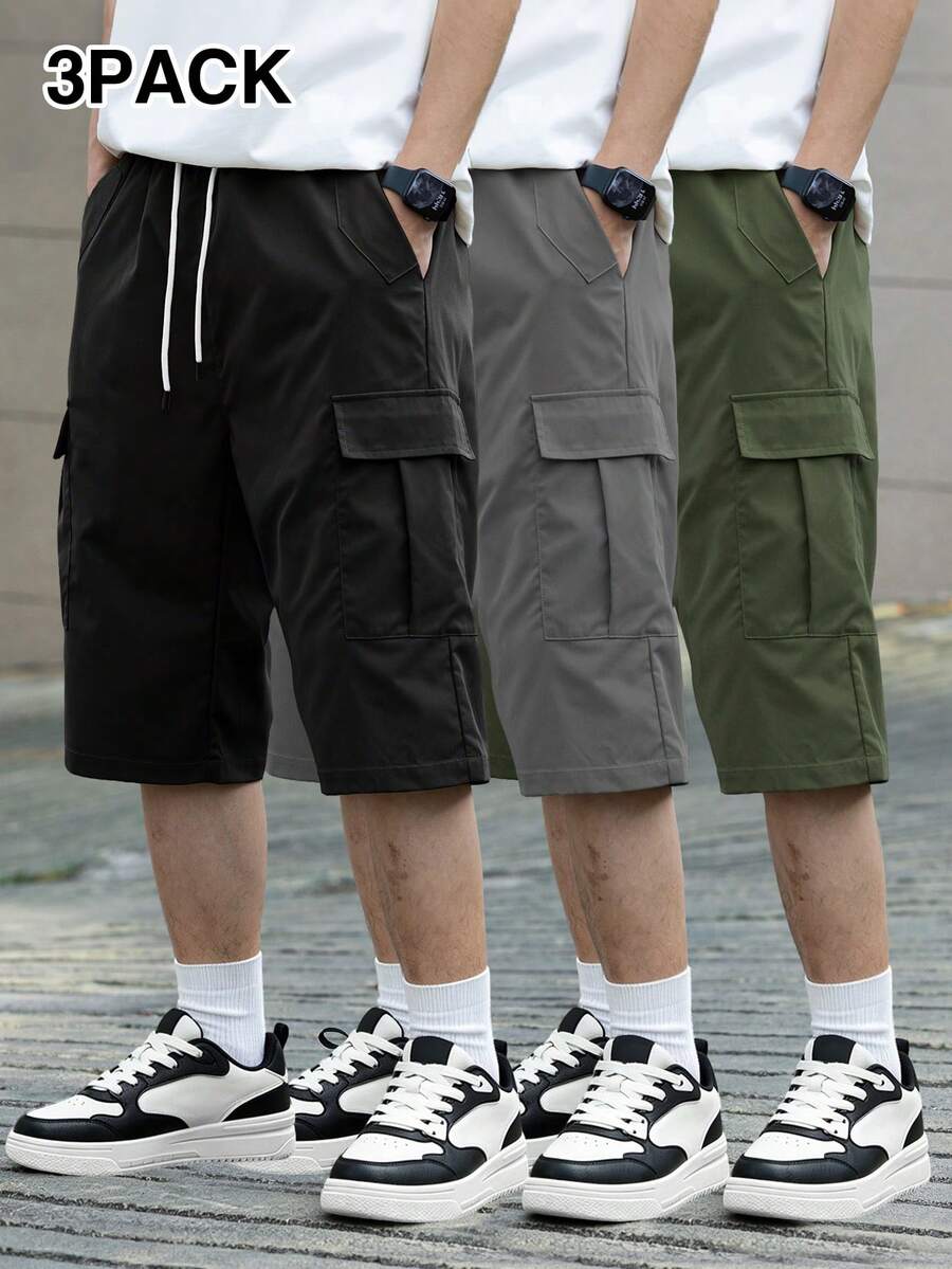 Manfinity Hypemode 3pcs/Set Men's Solid Color Casual Drawstring Waist Cargo Capri Pants, Holiday - Multicolor - View 1