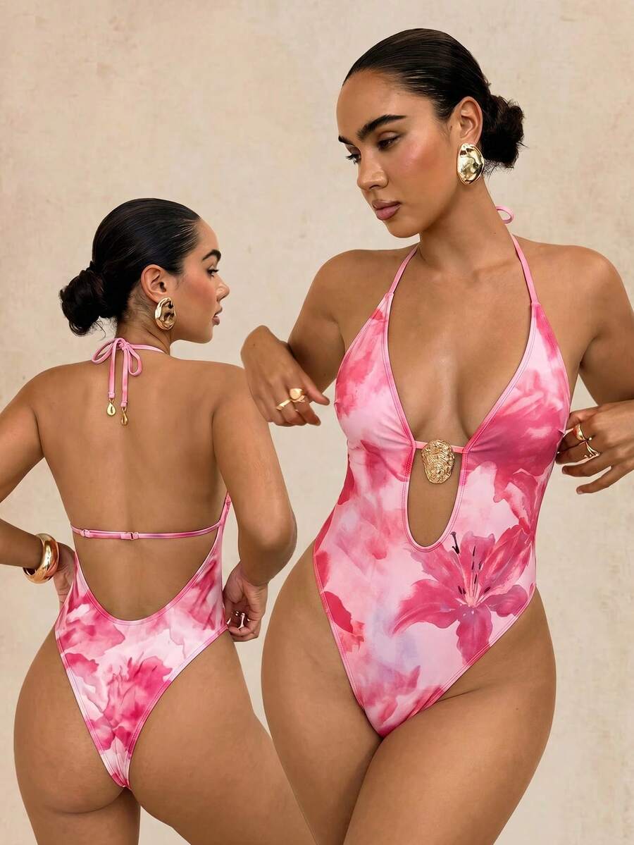 Swim Glamine DivaQ 波西米亚性感芙蓉印花露背连体泳衣 - 淡紫色 - 查看 1
