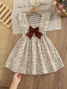 SHEIN Emery Rose Kids 儿童少女可爱碎花度假连衣裙，一件装，休闲可爱日常秋季穿搭，棕色蝴蝶结装饰无袖蓬蓬裙 - 彩色 - 查看 11
