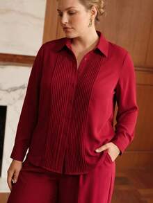 MOTF PREMIUM PLUS SIZE WOMEN'S COMMUTER FOLD PLEATED BUTTON FRONT SHIRT - Red - View 6