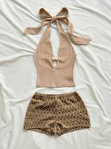 Soleia Women's Vacation Casual Solid Color Backless Halter Top And Shorts 2-Piece Set - Khaki - View 5