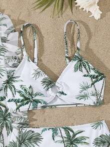 SHEIN Tween Girl Pink Lily Print Split Swimwear With Mesh Wide Leg Pants 3pcs Set,Skin Friendly Quick Drying Spaghetti Strap Bikini For Summer Vacation - Multicolor - View 3