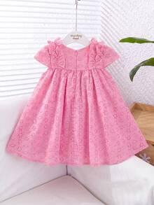 Vestido sin mangas de verano para bebé niña, de unicolor, con bordado, diseño calado y volantes en el bajo - Rosa coral - Ver 2