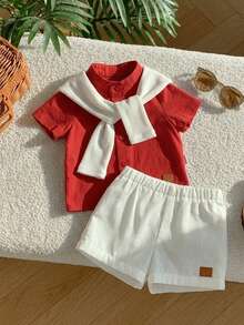 Set Baju Lengan Pendek dan Celana Pendek Pinggang Elastis Gaya Sekolah Kasual Lucu untuk Bayi Laki-laki Baru Lahir - Red and White - View 6