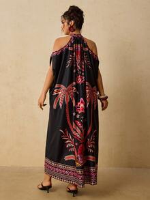 Vestido de verano casual con estampado floral y hombros descubiertos para mujer de talla grande - Negro - Ver 3