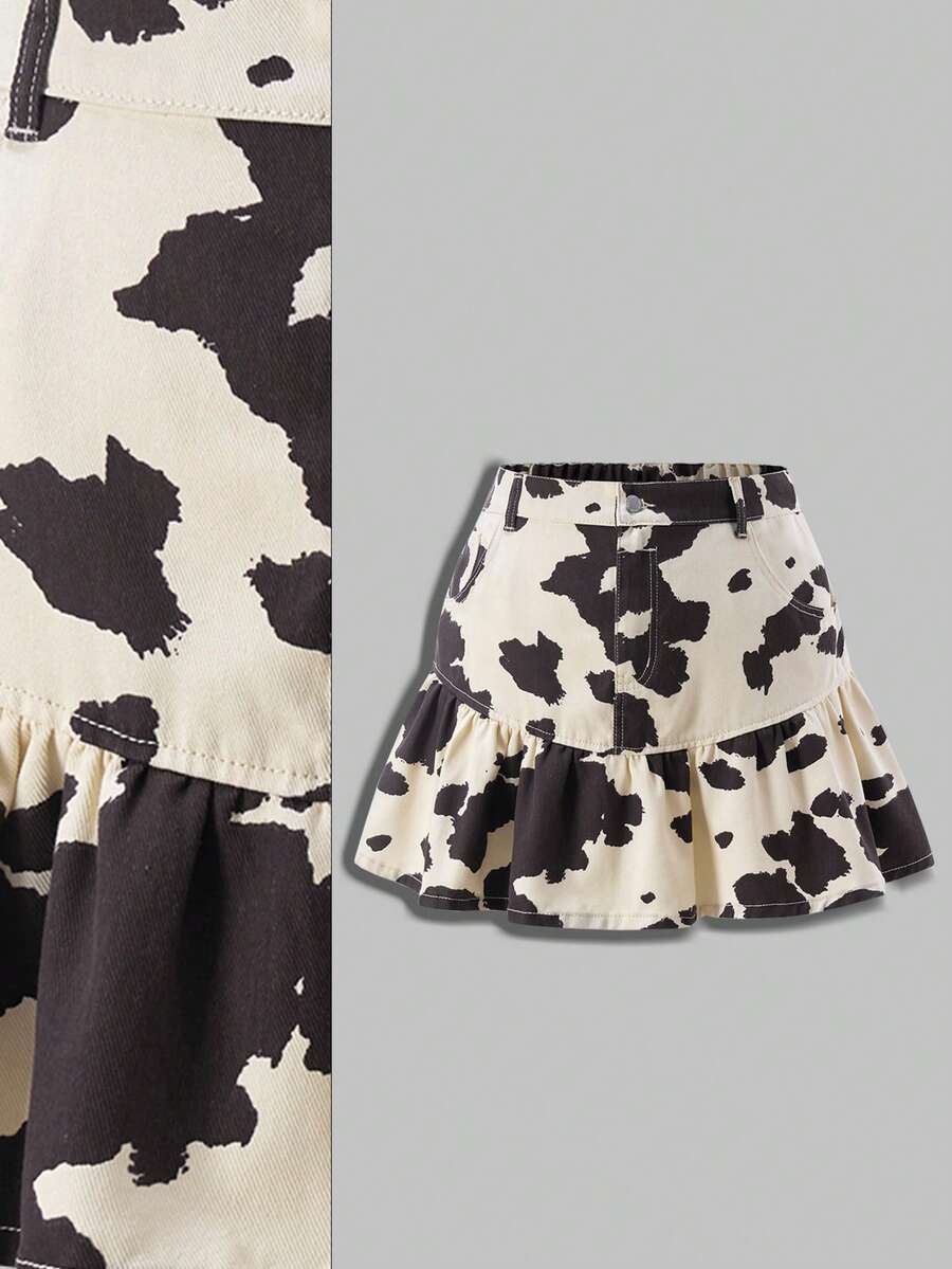 SHEIN MOD 大尺碼女款牛紋拼接荷葉邊牛仔裙,夏季休閒日常百搭海灘度假節慶 - 巧克力棕 - 查看 1