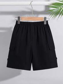 SHEIN 1件兒童/青少年男孩休閒舒適寬鬆純黑色梭織短褲，附口袋，適合夏季度假出遊、返校、婚禮、派對、運動 - 黑色 - 查看 4