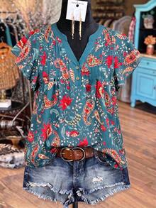 Linhara Áo kiểu nữ cỡ lớn, họa tiết paisley kẻ sọc cổ điển, tay phồng, xếp ly, dáng rộng, cổ áo phối màu tương phản, thích hợp cho mùa xuân và mùa hè, đa năng. - Nhiều màu - Xem 1