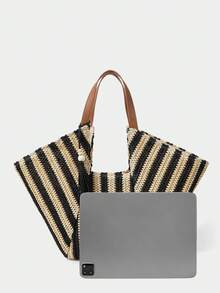 Large Capacity Bohemian Woven Straw Tote Bag With Fringe And Striped And Plain PU Handles For Beach Vacation Summer - Putih - View 5