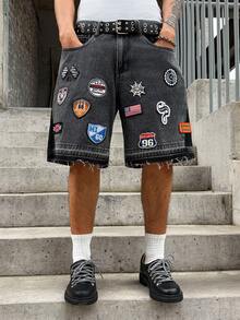Manfinity EMRG 男士夏季刺繡牛仔短褲，寬鬆街頭風街頭穿搭百慕達短褲 日拳擊深灰色，度假 - 深灰色 - 查看 7