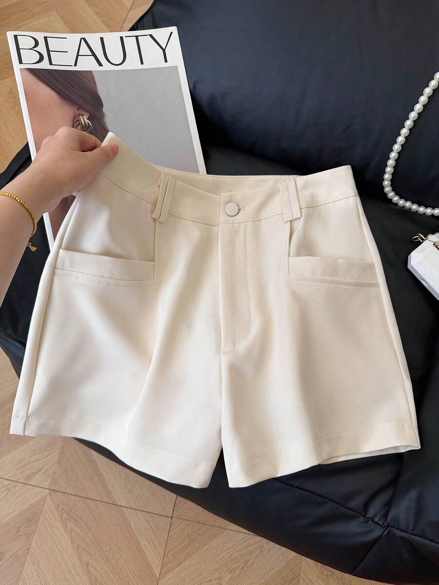 Franclia Pantalones cortos de mujer de unicolor con bolsillo y botón, versátiles y casuales para vacaciones - Albaricoque - Ver 1