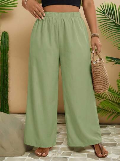 Travachic Plus Size Women Solid Color Elastic Waist Wide Leg Casual Pants
