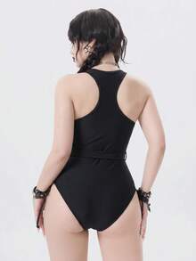 ROMWE 26SS Gothic Net Splice One-Piece Swimsuit, Spring/Summer - Black - View 2