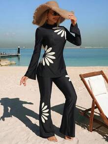 Swim Shayni 26SS 夏季海滩度假女士保守粉紫色渐变长袖喇叭裤布基尼套装 - 彩色 - 查看 1
