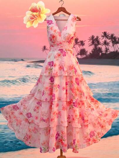 Ellevyn Women's V-Neck Floral Print Ruched Waist Elegant Dress For Party