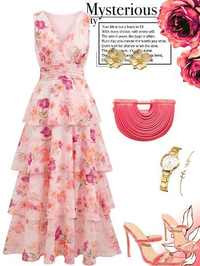 Ellevyn Women's V-Neck Floral Print Ruched Waist Elegant Dress For Party