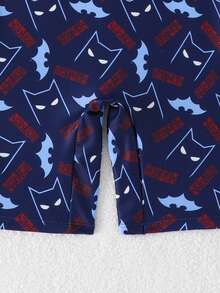 BATMAN X SHEIN GraphicGems Young Boy All-Over Print Short Sleeve Romper Swimsuit, Suitable For Summer Beach Vacation, Swimming Pool Party - Navy Blue - View 5