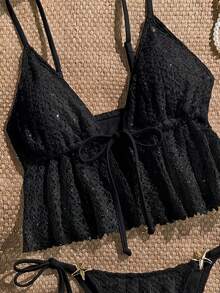 Elavelle Swim Mod-D 女士春夏提花面料吊带系带金属装饰比基尼上衣 - 黑色 - 查看 5