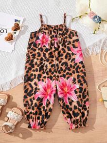 SHEIN Jumpsuit Kasual Bayi Perempuan Motif Leopard dan Bunga Kecil - MultiWarna - View 2