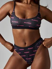 Missguided x Playboy Bralette Underwear Set With All Over Print Design High Cut Panties Elastic Band Soft Stretch Fabric No Wire Comfort Lounge Lingerie Casual Everyday - Multicolor - View 1