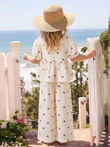 Emery Rose Kids Emery Rose Kids Bộ đồ 2 món cho bé gái: áo tay cánh hoa kẻ caro dệt kim và quần dài rộng. - Màu be - Xem 2