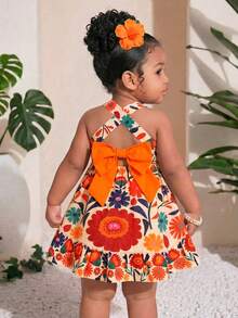 SHEIN Vestido sin mangas con volantes y lazo en la espalda, con estampado floral tejido para bebé niña - Multicolor - Ver 6