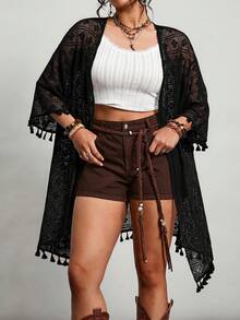 Freevana Áo kimono cỡ lớn, đồ đi biển cỡ lớn, áo khoác tay lửng cổ chữ V, áo kiểu thường ngày cho kỳ nghỉ, quần áo chống nắng, trang trí tua rua ở cổ tay và gấu áo, họa tiết ren hình học, áo khoét lỗ - màu đen - Xem 7