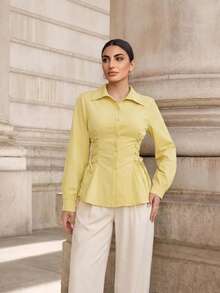 Graceveil Women's Casual Drawstring Tie Solid Color Shirt, Minimalist Versatile For Daily Commute, Spring/Autumn - Yellow - View 6