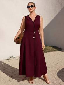 Juhart Plus Size Women's Loose Sleeveless Color Block Cardigan Dress, Early Spring - Red - View 1