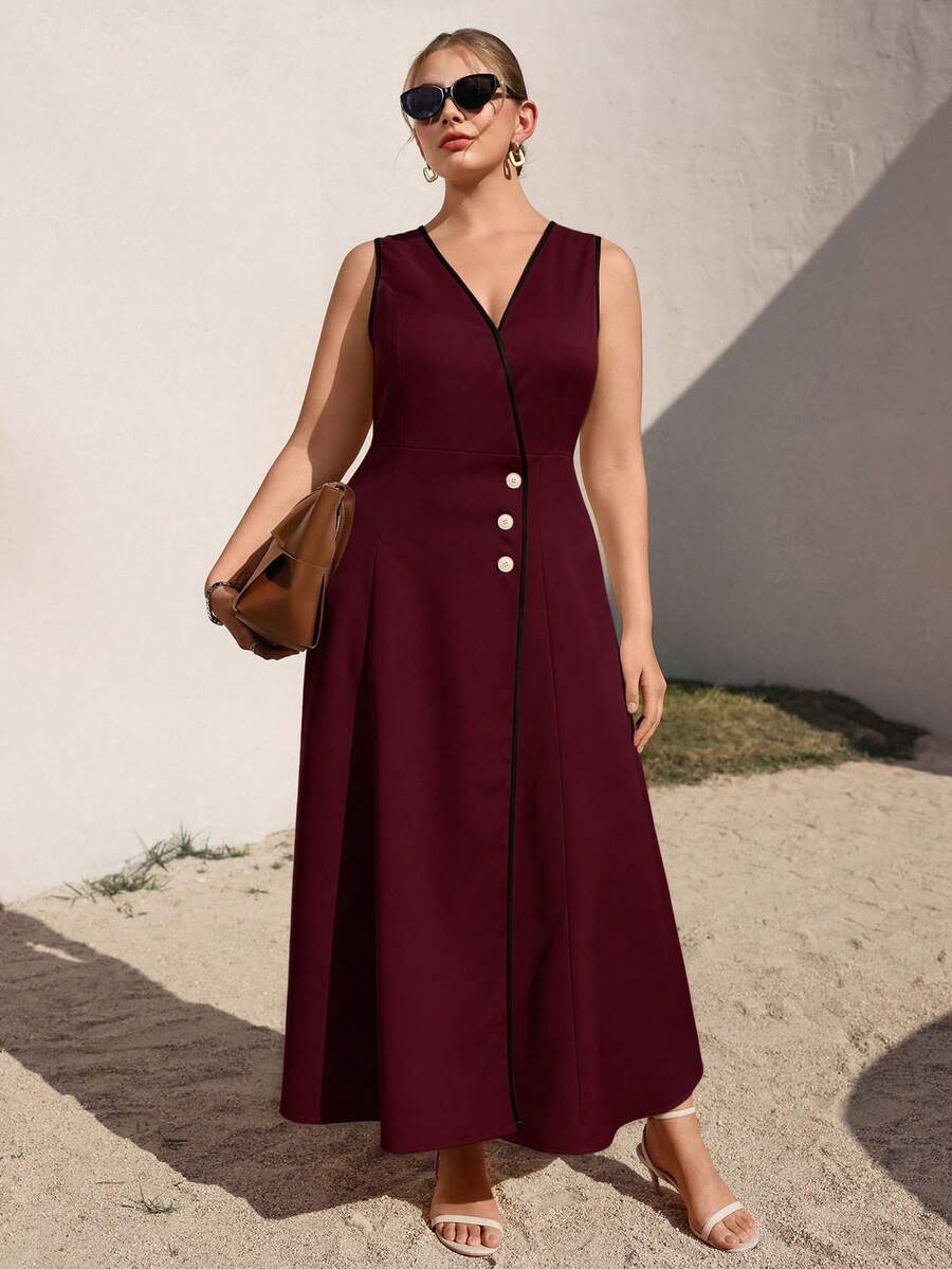 Juhart Plus Size Women's Loose Sleeveless Color Block Cardigan Dress, Early Spring - Red - View 1