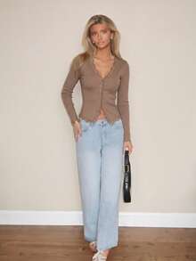 Sydney Algeri Women's Lace Frill Trim Fitted Cardigan Long Sleeve Top Casual - Khaki - View 6