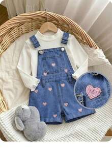 Baby Girl Pink Heart Embroidered Blue Denim Suspender Shorts - Medium Wash - View 7